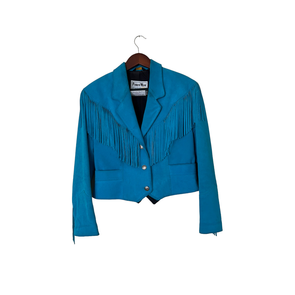 Turquoise Blue Vintage Retro Suede Fringe Pioneer Wear Leather Western Jacket